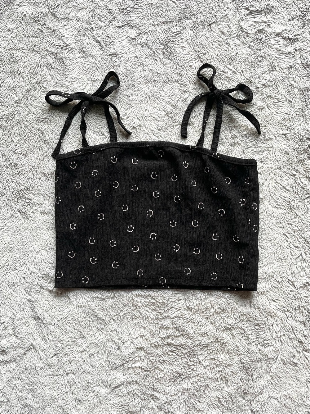 Black Y2K Smiley Tie-Strap Crop Top